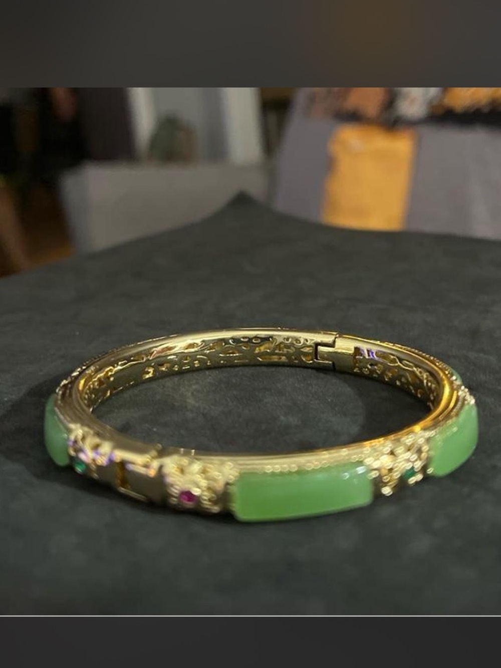 Gold colored Bangle Bracelet with Green jade colored Inlay